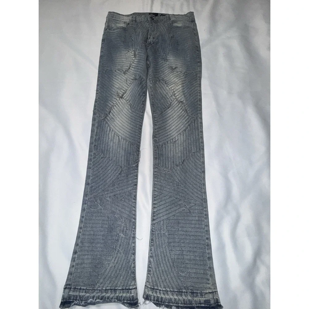 Waimea Men's Stacked Fit Distressed Moto Jeans Gray Wash Size 36x36